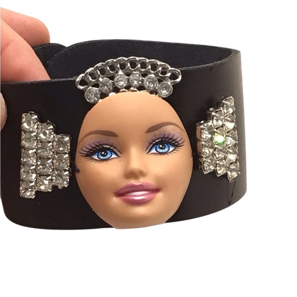 Upcycled Barbie Face Leather Cuff Bracelet Rhinestone Punk Y2K Statement - Picture 4 of 8
